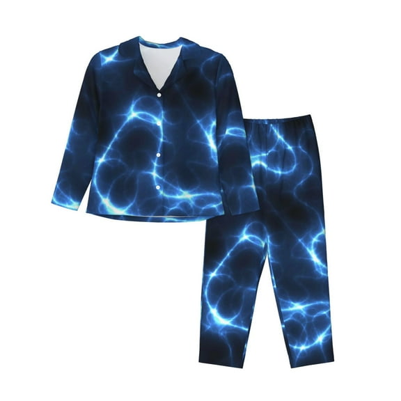 Junzan Blue Lightning Print Womens Pajama Sets,Long Sleeve Button Down For Women Pjs 2 Piece