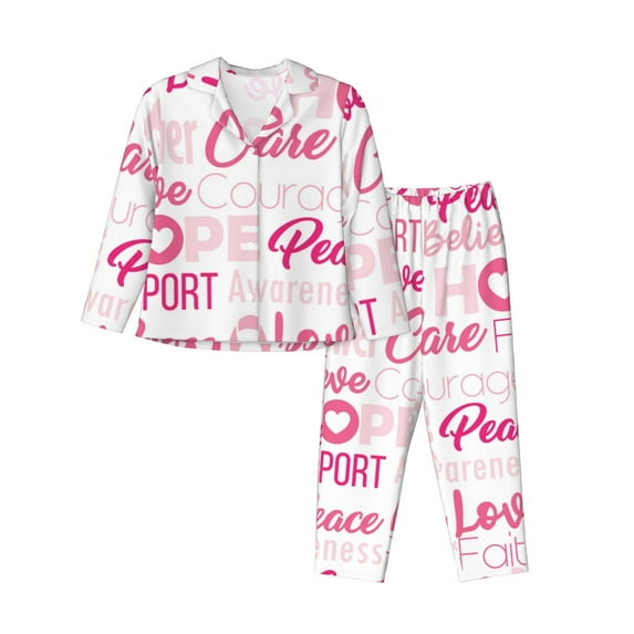 Junzan Breast Cancer Pink Ribbons Awareness (2) Print Womens Pajama Sets,Long Sleeve Button Down For Women Pjs 2 Piece