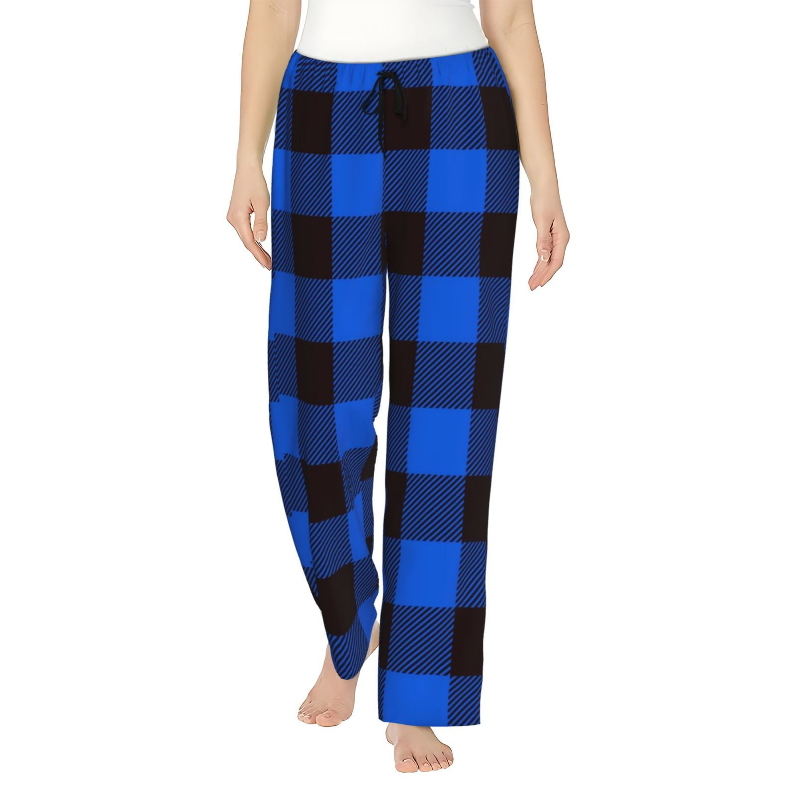 Junzan Buffalo Plaid Blue Black Women'S Pajama Pants Drawstring Comfy Sleep  Bottoms With Pockets 