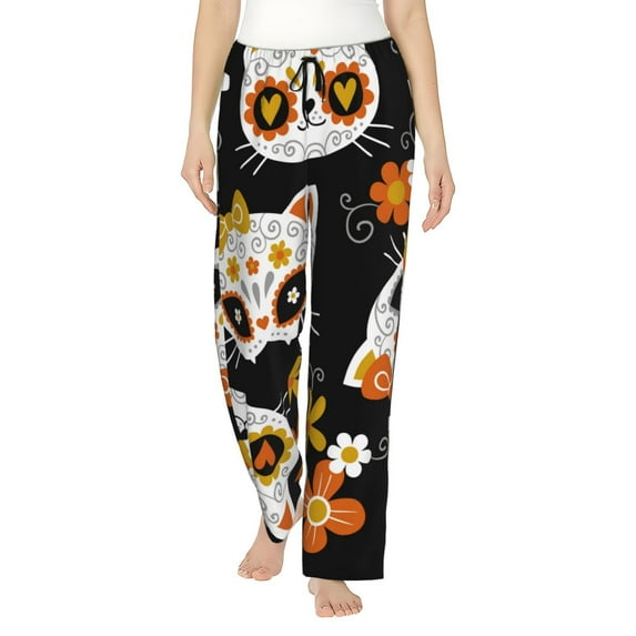 Junzan Cat Skulls And Flowers Women'S Pajama Pants Drawstring Comfy Sleep Bottoms With Pockets