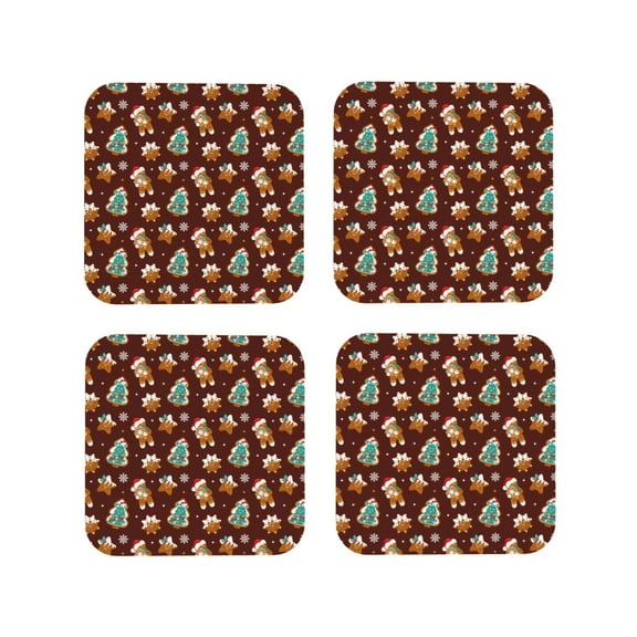 Junzan Christmas Gingerbread Print Coasters for Drinks - Leather Coasters Set of 4 for Coffee Table for Housewarming/Kitchen/Bar/Decor-Square