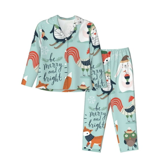 Junzan Christmas Winter Animals Print Womens Pajama Sets,Long Sleeve Button Down For Women Pjs 2 Piece