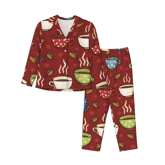 Junzan Coffee Cups Print Womens Pajama Sets,Long Sleeve Button Down For Women Pjs 2 Piece