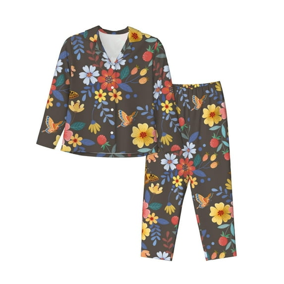 Junzan Colorful Flowers With Butterfly Print Womens Pajama Sets,Long Sleeve Button Down For Women Pjs 2 Piece