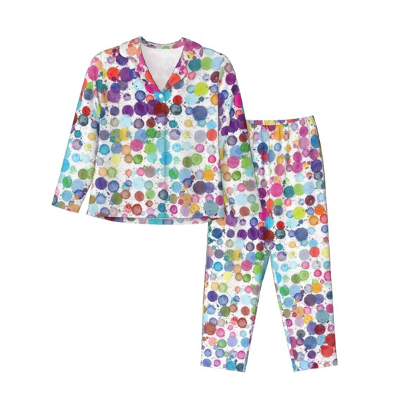 Junzan Colorful Watercolor Dots Print Womens Pajama Sets,Long Sleeve Button Down For Women Pjs 2 Piece