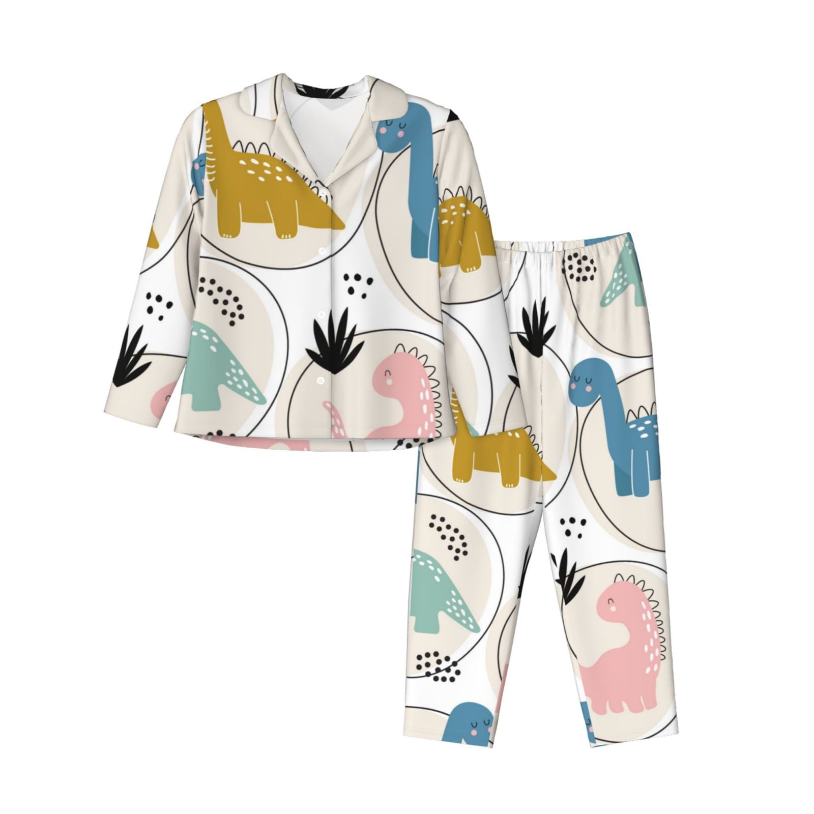 Junzan Cute Dinosaurs Print Womens Pajama Sets,Long Sleeve Button Down ...