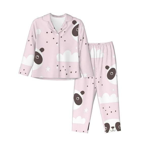 Junzan Cute Panda Print Womens Pajama Sets,Long Sleeve Button Down For Women Pjs 2 Piece