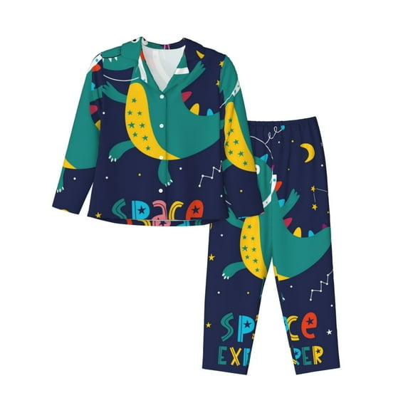 Junzan Dinosau Space Explorer Print Womens Pajama Sets,Long Sleeve Button Down For Women Pjs 2 Piece