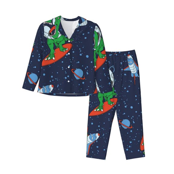 Junzan Dinosaur Astronaut Space Surfing Print Womens Pajama Sets,Long Sleeve Button Down For Women Pjs 2 Piece