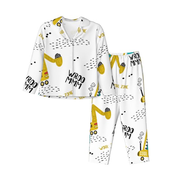 Junzan Dinosaur On Excavator Print Womens Pajama Sets,Long Sleeve Button Down For Women Pjs 2 Piece