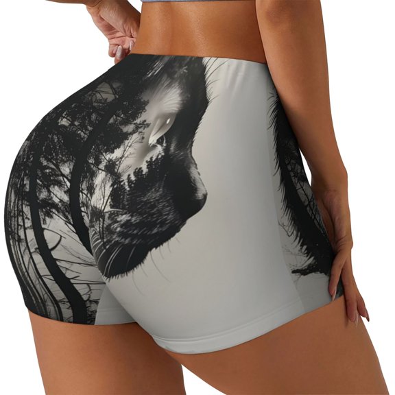 Junzan Double Exposure Cat Forest Pattern Women Workout Impact Shorts,Scrunch Short Gym Yoga Running Sport Scrunch Butt Lifting Shorts-Small
