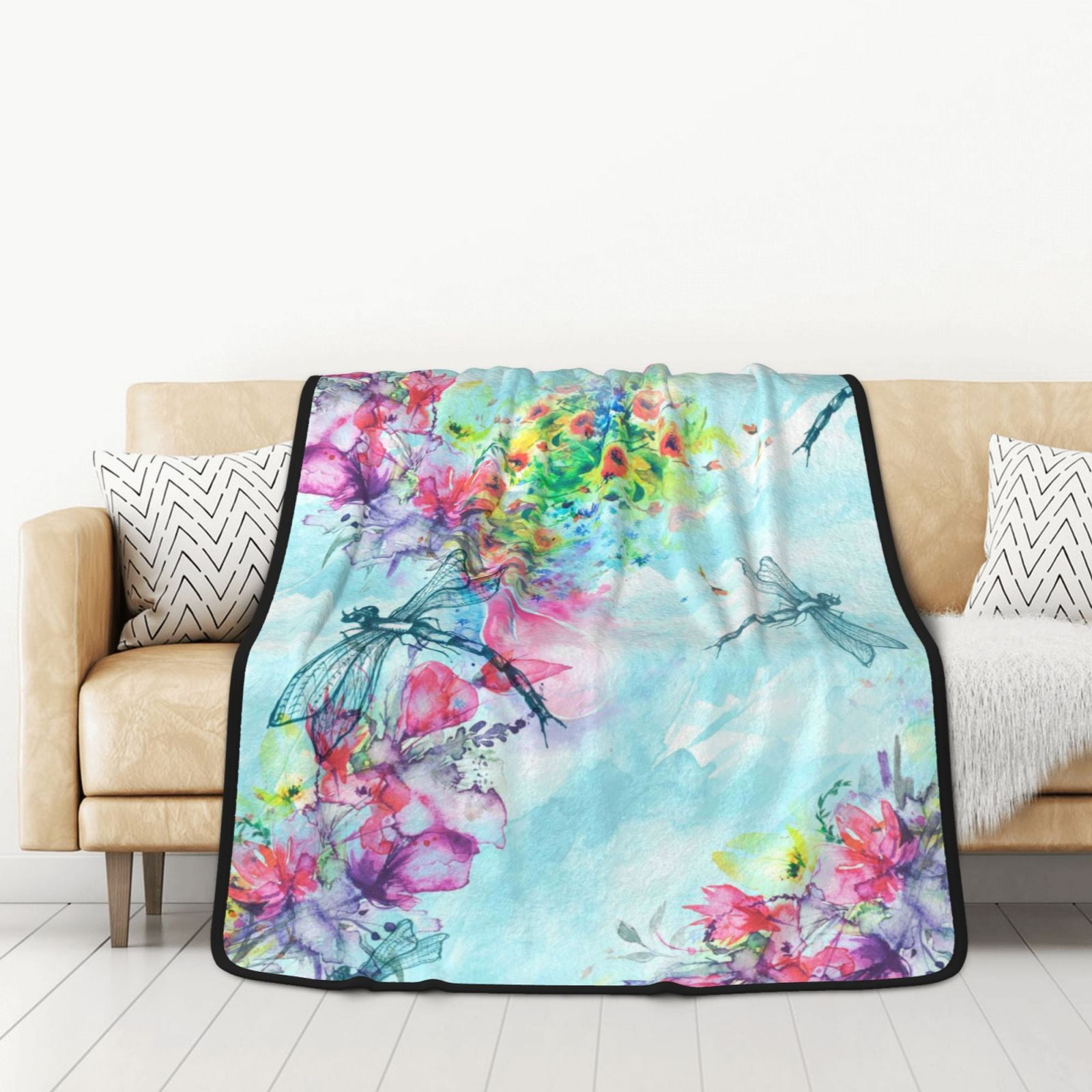 Junzan Dragonfly Floral Print Blanket, DoubleSided Throw Blanket For