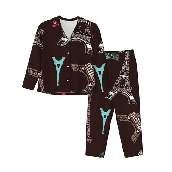 Junzan Eiffel Tower Print Womens Pajama Sets,Long Sleeve Button Down For Women Pjs 2 Piece