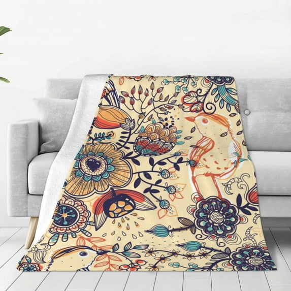 Junzan Floral With Birds And Fantasy Flowers Print Flannel Fleece Blanket Throw Blanket For Bed,Sofa,Couch,Travel,Camping(50"X40")
