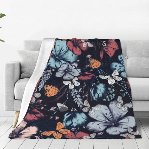 Junzan Flowers Ad Butterflies Print Flannel Fleece Blanket Throw Blanket For Bed,Sofa,Couch,Travel,Camping(60"X50")