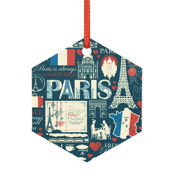 Junzan France and Paris Pattern Christmas Ornaments,1 PCS Christmas Décor Acrylic Pendant Xmas Tree Decor for Hanging on Tree and Party Favors,3"-Hexagon