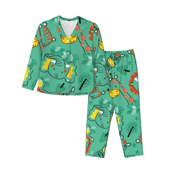 Junzan Funny Animals In Jungle Print Womens Pajama Sets,Long Sleeve Button Down For Women Pjs 2 Piece