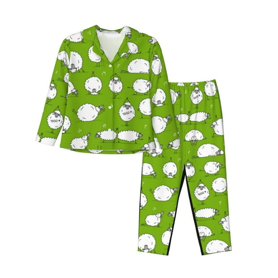 Junzan Funny Sheep Doing Yoga Print Womens Pajama Sets,Long Sleeve Button Down For Women Pjs 2 Piece