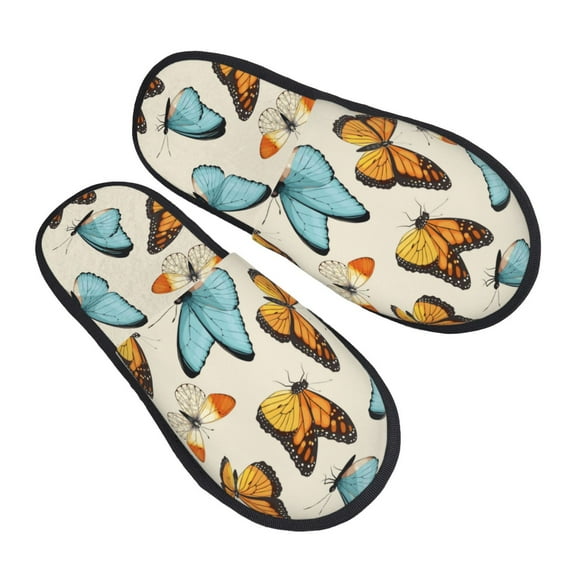 Junzan Fuzzy Feet Slippers For Women,House Shoes Non Slip Indoor/Outdoor,Butterflies Designs-Medium