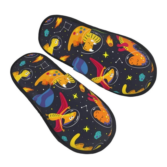 Junzan Fuzzy Feet Slippers For Women,House Shoes Non Slip Indoor/Outdoor,Dinosaurs In Space Designs-Medium