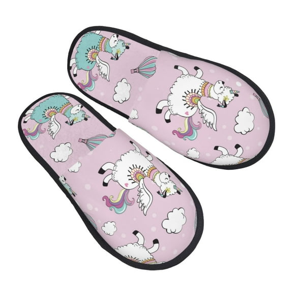 Junzan Fuzzy Feet Slippers For Women,House Shoes Non Slip Indoor/Outdoor,Llama Unicorn And Rainbow Designs-Medium