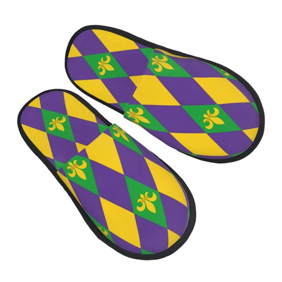 Junzan Fuzzy Feet Slippers For Women,House Shoes Non Slip Indoor/Outdoor,Mardi Gras Designs-Medium