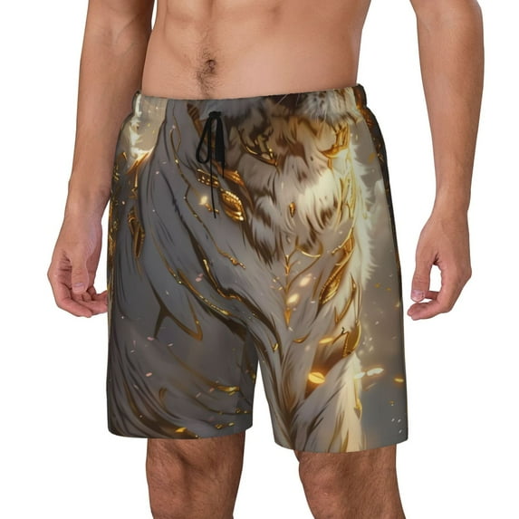 Junzan Golden White Tiger Print Swim Trunks Men Swim Shorts with Built-in Compression Liner Funny Swimwear Quick Dry Bathing Suits-Small