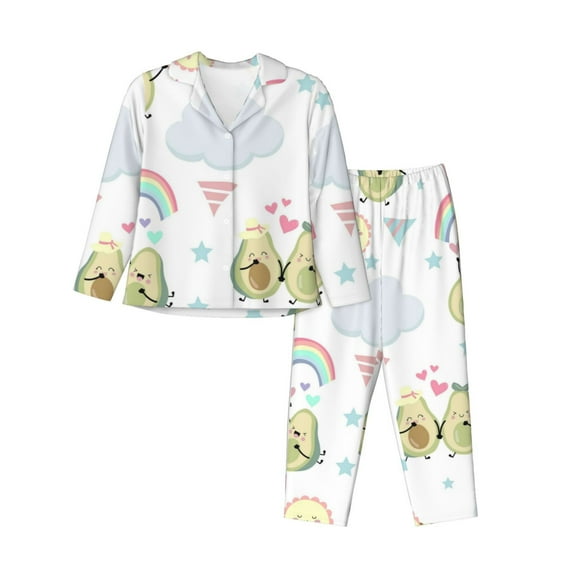 Junzan Green Blue Avocado Print Womens Pajama Sets,Long Sleeve Button Down For Women Pjs 2 Piece