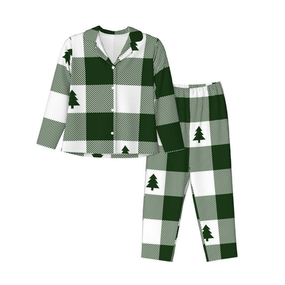 Junzan Green White Lumberjack Plaid Print Womens Pajama Sets,Long Sleeve Button Down For Women Pjs 2 Piece