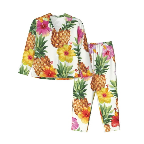 Junzan Hawaiian Pineappl Print Womens Pajama Sets,Long Sleeve Button Down For Women Pjs 2 Piece
