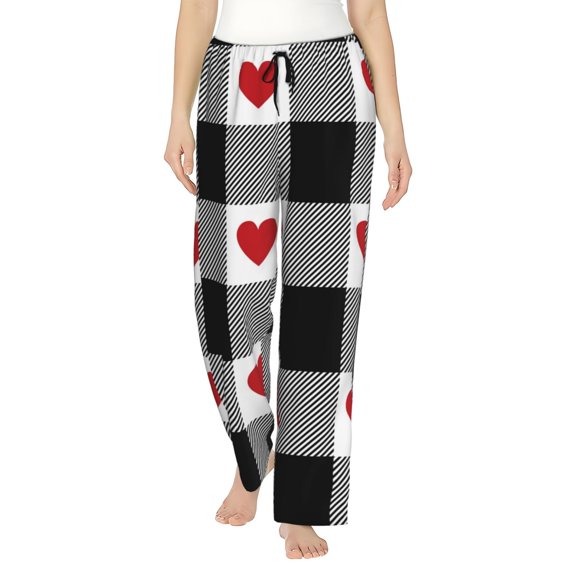 Junzan Heart Black Buffalo Plaid Gingham Women'S Pajama Pants Drawstring Comfy Sleep Bottoms With Pockets