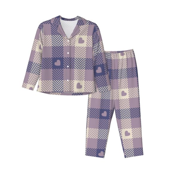 Junzan Heart Check Plaid Print Womens Pajama Sets,Long Sleeve Button Down For Women Pjs 2 Piece