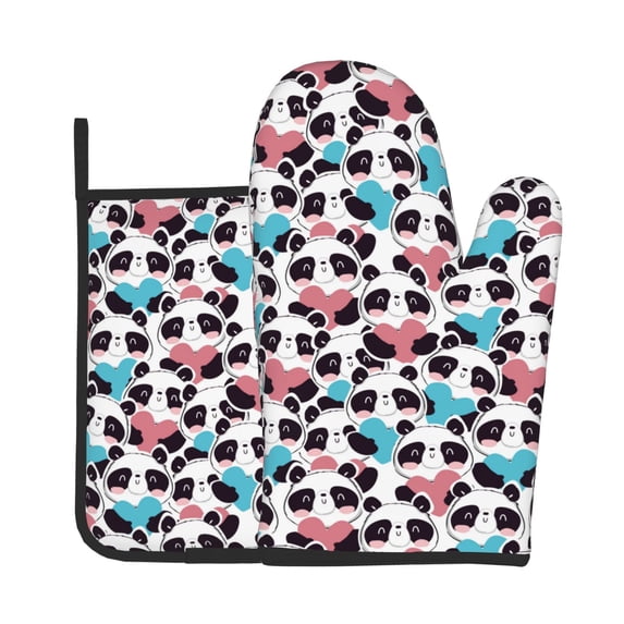 Junzan Heart Panda Pattern Oven Mitts and Pot Holders 2 pcs Set, Potholders BBQ Gloves Long Kitchen Oven Glove for Cooking Baking Grilling (2-Piece Set,11 Inch)