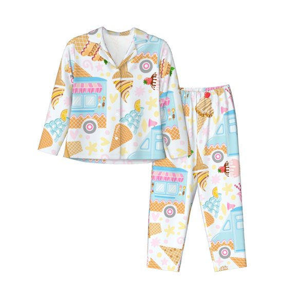 Junzan Icecream Truck Print Womens Pajama Sets,Long Sleeve Button Down For Women Pjs 2 Piece