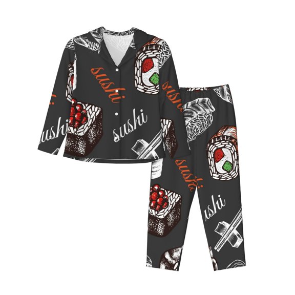 Junzan Japanese Sushi Hashi Print Womens Pajama Sets,Long Sleeve Button Down For Women Pjs 2 Piece