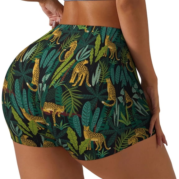 Junzan Jungle Leopard Yellow Pattern Women Workout Impact Shorts,Scrunch Short Gym Yoga Running Sport Scrunch Butt Lifting Shorts-Small