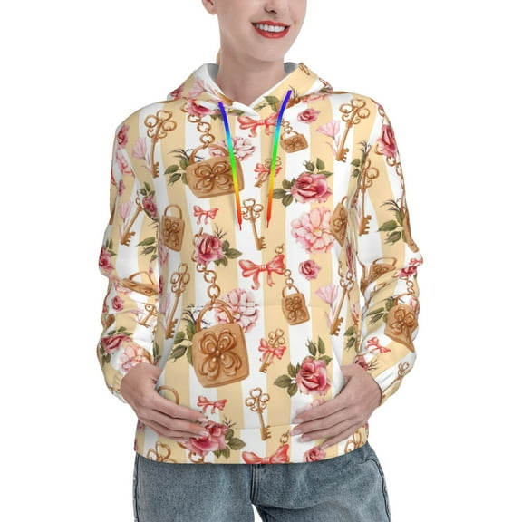 Junzan Key Lock And Flowers for Women's Hoodie, Hooded Sweatshirts Workout Sweat Pullover Hoodie for Women Long Sleeve Fall Hoodie-XX-Large