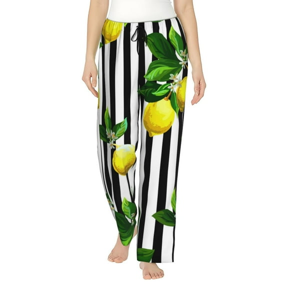 Junzan Lemons On Striped Women'S Pajama Pants Drawstring Comfy Sleep Bottoms With Pockets