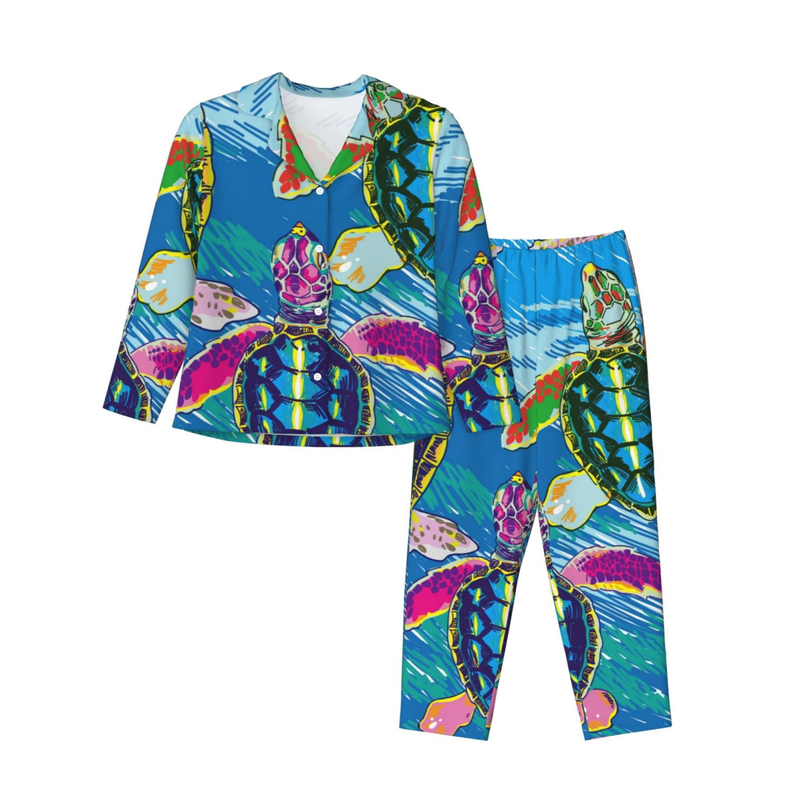 Junzan Little Sea Turtles Print Womens Pajama Sets,Long Sleeve Button Down  For Women Pjs 2 Piece 