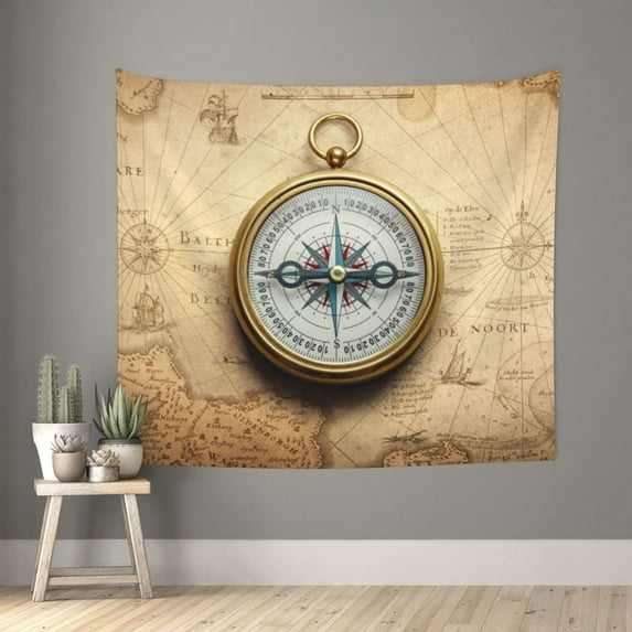 Junzan Magnetic Old Compass On World Map Tapestry Wall Tapestry Home Decor for Room 60X51 Inches