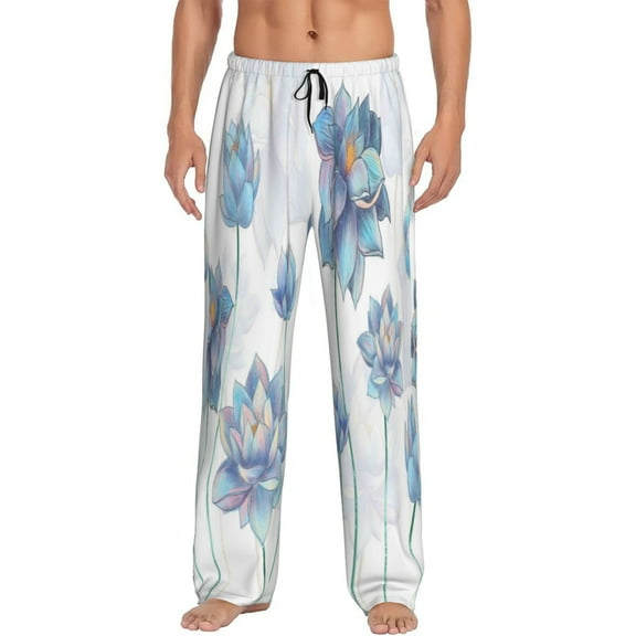 Junzan Men'S Pajama Pants Pale Blue Lotus Flowers Sleepwear Pants Pj Bottoms Drawstring And Pockets