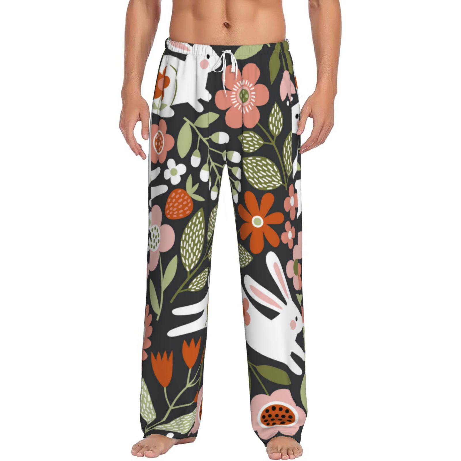 Junzan Men'S Pajama Pants Rabbits On Floral Sleepwear Pants Pj Bottoms