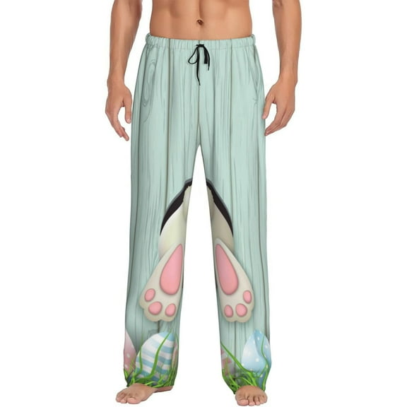 Junzan Men'S Pajama Pants White Bunny Bottom And Easter Eggs Sleepwear Pants Pj Bottoms Drawstring And Pockets