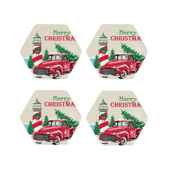 Junzan Merry Christmas 1 Print Coasters for Drinks - Leather Coasters Set of 4 for Coffee Table for Housewarming/Kitchen/Bar/Decor-Hexagon