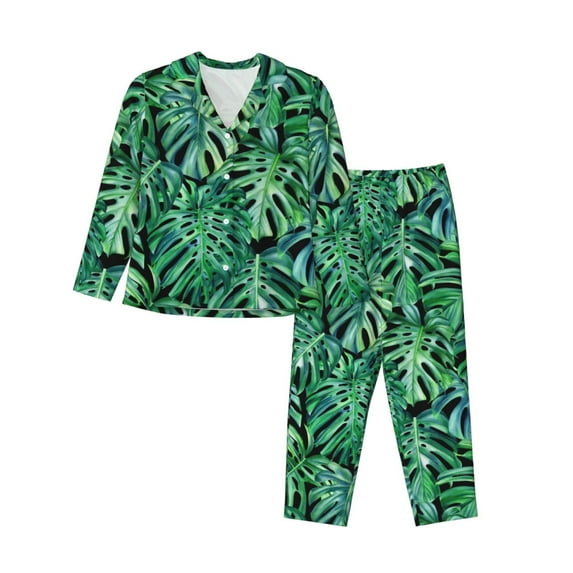 Junzan Monstera Leaves Print Womens Pajama Sets,Long Sleeve Button Down For Women Pjs 2 Piece