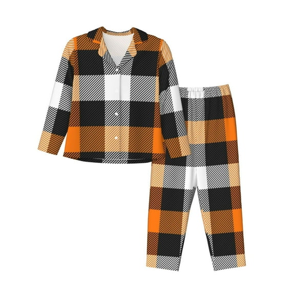 Junzan Orange Plaid Print Womens Pajama Sets,Long Sleeve Button Down For Women Pjs 2 Piece