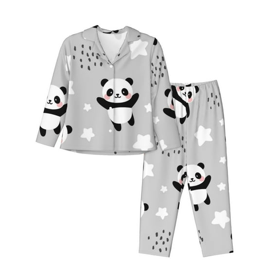 Junzan Pandas Print Womens Pajama Sets,Long Sleeve Button Down For Women Pjs 2 Piece