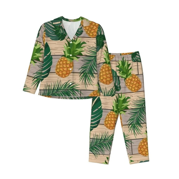 Junzan Pineapples Palm Leaves Print Womens Pajama Sets,Long Sleeve Button Down For Women Pjs 2 Piece