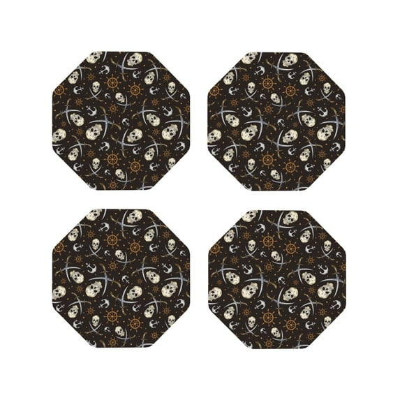 Junzan Pirate Skulls Print Coasters for Drinks - Leather Coasters Set of 4 for Coffee Table for Housewarming/Kitchen/Bar/Decor-Octagon