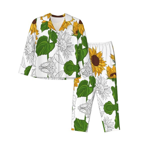 Junzan Plump Sunflower And Sketch Print Womens Pajama Sets,Long Sleeve Button Down For Women Pjs 2 Piece